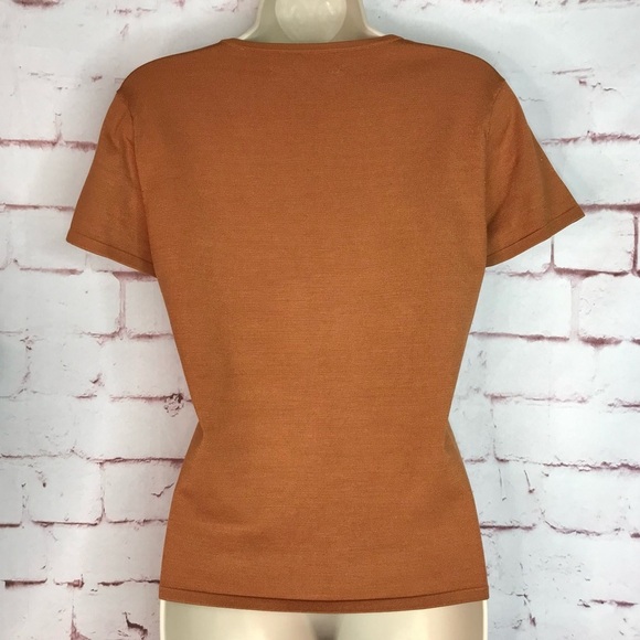 JONES NY PETITE MEDIUM Silk fine ribbed knit caramel brown short sleeve top MP - Picture 7 of 12